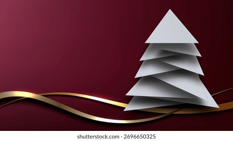 abstract elegant Christmas or New Year greeting card template. white paper tree and golden ribbon contrast beautifully with the rich red background, luxury and festive holiday cheer