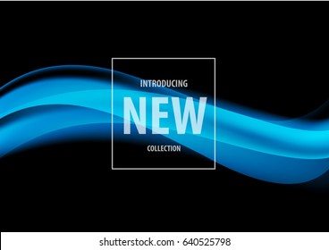 Abstract elegant cover design template with blue soft waves in dynamic smooth style on black background. Vector illustration