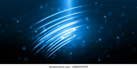 Abstract elegant curve blue glowing line with lighting effect sparkle on black background. Template premium award design. Vector illustration