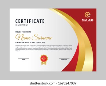 Abstract Elegant Curve Luxury Red Gold White Certificate Design, Professional Modern Certificate Template Vector