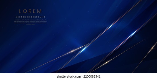 Abstract elegant dark blue background with golden line and lighting effect sparkle. Luxury template design. Vector illustration