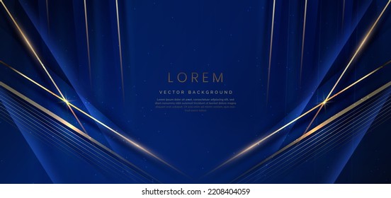 Abstract elegant dark blue background with golden line and lighting effect sparkle. Luxury template design. Vector illustration