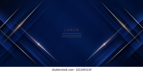 Abstract elegant dark blue background with golden line and lighting effect sparkle. Luxury template design. Vector illustration