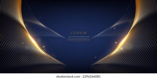 Abstract elegant dark blue background with golden curved line and lighting effect. Luxury template celebration award design. Vector illustration