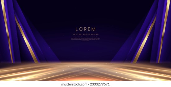 Abstract elegant dark blue background with golden glowing effect and bokeh. Template premium award design. Vector illustration