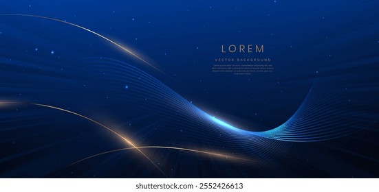 Abstract elegant dark blue background with golden curved lines and lighting effect sparkle. Luxury template award design. Vector illustration