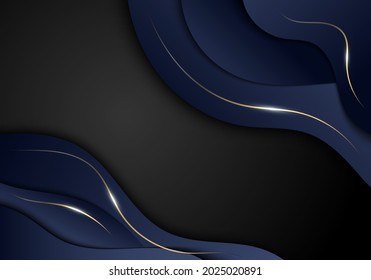 Abstract elegant dark blue color wave shape and gold lines with lighting on black background luxury style. Vector illustration