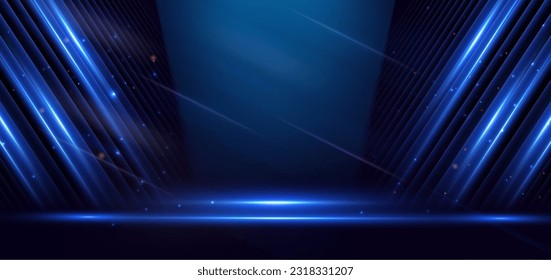 Abstract elegant dark blue stage background with blue neon line and lighting effect sparkle. Luxury template award design. Vector illustration