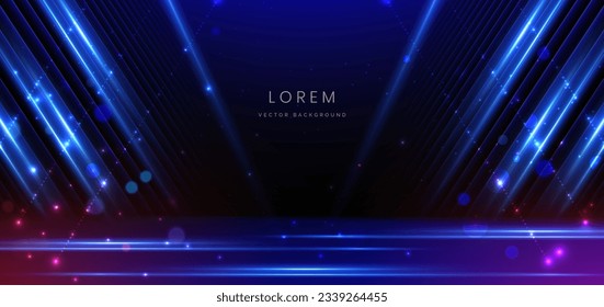 Abstract elegant dark blue stage background with blue neon line and lighting effect sparkle. Luxury template award design. Vector illustration