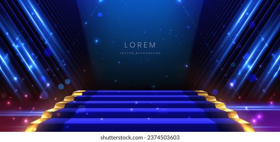 Resumen del elegante fondo del escenario azul oscuro con línea azul de neón y efecto de iluminación brillante. Diseño de un premio de plantilla de lujo. Ilustración del vector