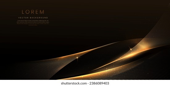 Abstract elegant dark brown background with golden curved lines and lighting effect sparkle. Luxury template award design. Vector illustration