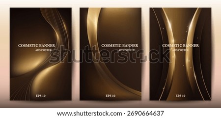 Abstract elegant dark brown and gold background with golden curved lines and lighting effect.