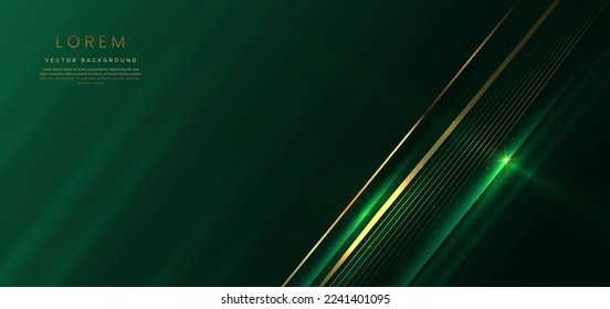 Abstract elegant dark green background with golden line and lighting effect sparkle. Luxury template design. Vector illustration