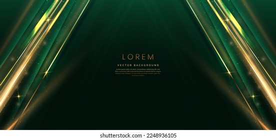 Abstract elegant dark green background with golden line and lighting effect sparkle. Luxury template design. Vector illustration