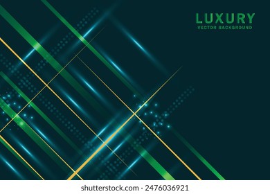 Abstract elegant dark green background with golden line diagonal and lighting effect sparkle. Luxury template design