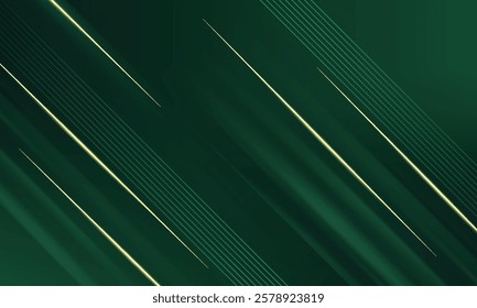Abstract elegant dark green background with golden line and lighting effect sparkle. Luxury template design. Vector illustration