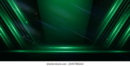 Resumen del elegante fondo del escenario verde oscuro con línea azul de neón y efecto de iluminación brillante. Diseño de un premio de plantilla de lujo. Ilustración del vector