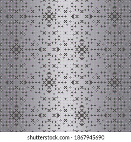 Abstract elegant geometric pattern with grey and pink flowers, stars and dots on a silver gradient background. Decorative winter seamless vector design for cards, Christmas decoration and wrapping.