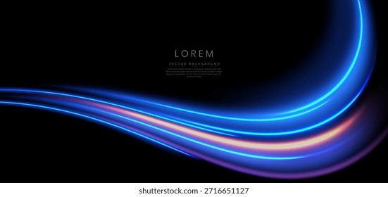 Abstractas elegante efecto de iluminación de rayos de curva azul brillante sobre fondo negro. Concepto de movimiento de alta velocidad. Ilustración vectorial