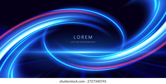 Abstrato elegante brilhante azul curva raio efeito de iluminação sobre fundo preto. Conceito de movimento em alta velocidade. Ilustração vetorial