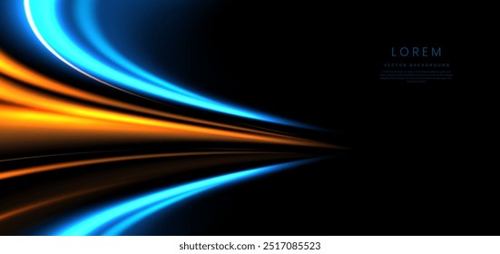 Abstract elegant glowing blue and orange curve line lighting effect on black background. Hi-speed motion moving concept. Vector illustration