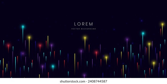 Resumen de elegantes líneas de colores brillantes con efecto de iluminación brillante sobre fondo azul oscuro. Ilustración del vector