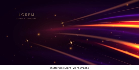 Abstract elegant glowing gold curve ray lighting effect on dark purple background. Hi-speed motion moving concept. Vector illustration