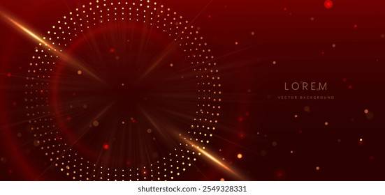 Abstractas líneas de círculos dorados brillantes elegantes en rojo oscuro con efecto de iluminación de puntos. Diseño de premio de Plantilla de lujo. Ilustración de Vector 