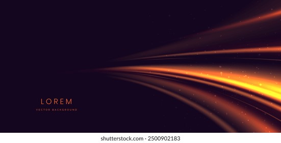 Abstractas elegante efecto de iluminación de línea de curva naranja brillante sobre fondo negro. Concepto de movimiento de alta velocidad. Ilustración vectorial
