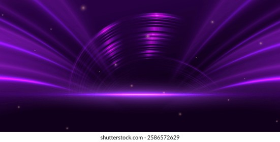 Abstract elegant glowing purple curve ray lighting effect on dark purple background. Hi-speed motion moving concept. Vector illustration