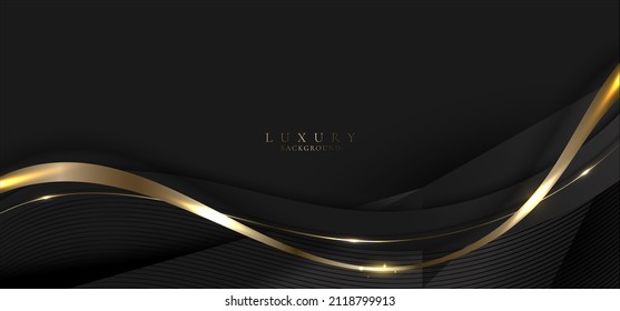 Abstract elegant gold and black curved wave lines with shiny sparkling light on dark background luxury style. Vector illustration