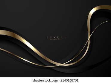 Abstract elegant gold and black curved wave lines with shiny sparkling light on dark background luxury style. Vector illustration