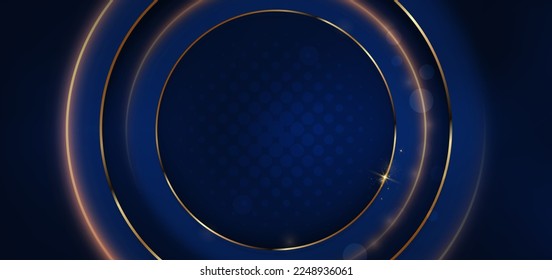 Abstract elegant gold circle lines frame glowing with lighting effect sparkle on dark blue background. Luxury template design. Vector illustration