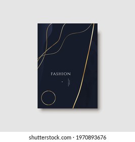 Abstract elegant gold cover. Dark blue golden print for business and contemporary invite. Rich and gold cover for invitation template and card. Gold VIP fashion print, minimalist aesthetic