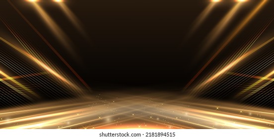 Abstract elegant gold curve glowing with lighting effect sparkle on black background. Template premium award design. Vector illustration