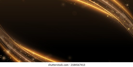 Abstract elegant gold curve glowing with lighting effect sparkle on black background. Template premium award design. Vector illustration