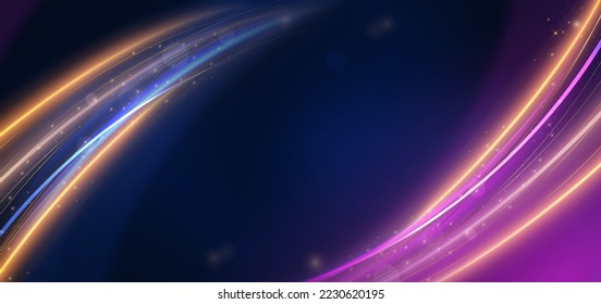 Abstract elegant gold curve glowing with lighting effect sparkle on dark blue background. Template premium award design. Vector illustration
