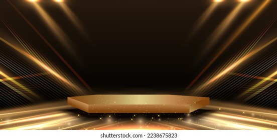 Abstract elegant gold diagonal glowing with 3d hexagon pedestal podium  lighting effect sparkle on black background. Template premium award design. Vector illustration