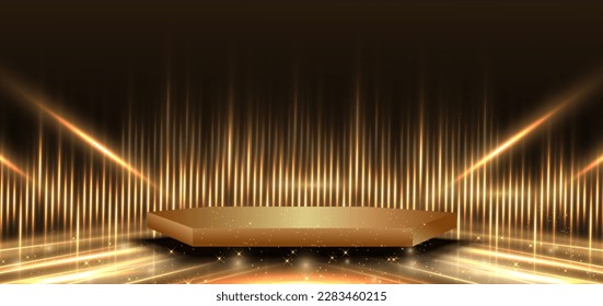 Abstract elegant gold diagonal glowing with 3d hexagon pedestal podium  lighting effect sparkle on black background. Template premium award design. Vector illustration