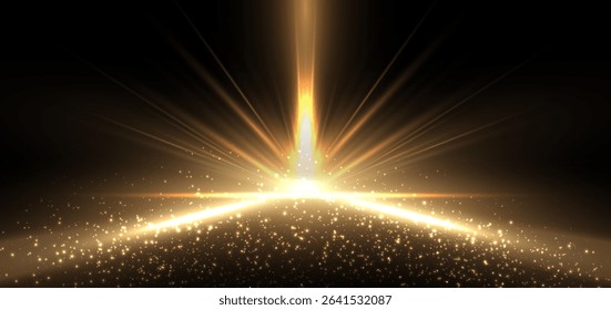 Abstract elegant gold glowing beam with lighting effect sparkle on black background. Template premium award design. Vector illustration