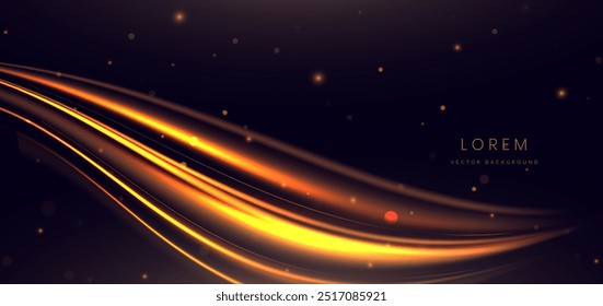 Abstract elegant gold glowing curve line with lighting effect sparkle on black background. Template premium award design. Vector illustration