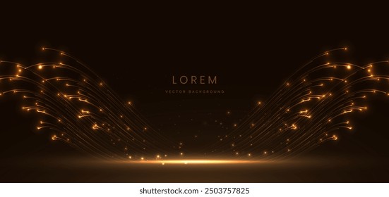 Abstract elegant gold glowing curved line with lighting effect sparkle on black background. Template premium award design. Vector illustration