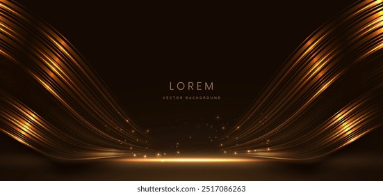 Abstract elegant gold glowing curved line with lighting effect sparkle on black background. Template premium award design. Vector illustration