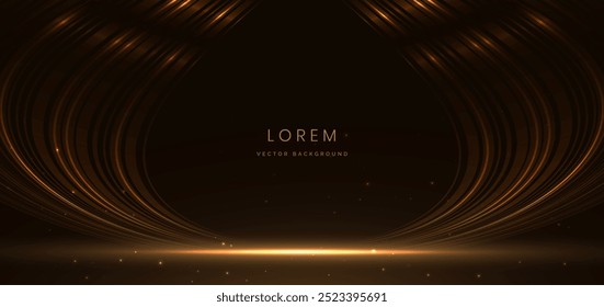 Abstrato elegante ouro brilhante linha curva com efeito de iluminação brilho no fundo preto. Design de prêmio de modelo. Ilustração vetorial