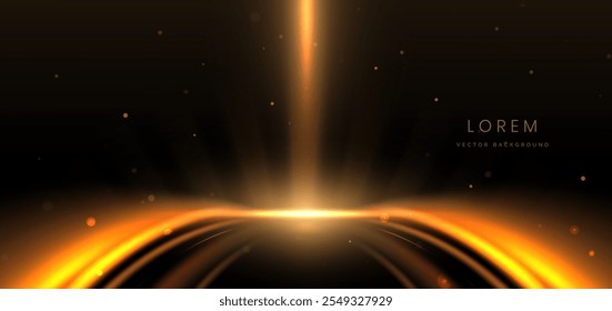 Abstract elegant gold glowing curved ray with lighting effect sparkle on black background. Template premium award design. Vector illustration