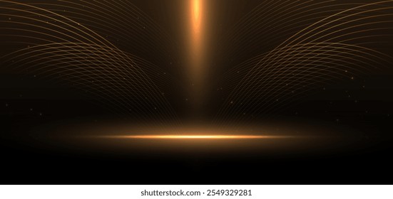 Abstract elegant gold glowing curved lines with lighting effect sparkle on black background. Vector illustration