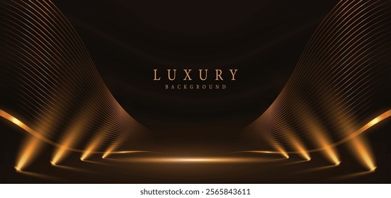 Abstract elegant gold glowing curved line with lighting effect sparkle on black background. Template premium award design. Vector illustration