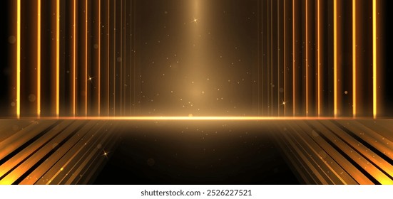 Abstrato linhas brilhantes de ouro elegante com efeito de iluminação brilho no fundo preto. Design de prêmio de modelo. Ilustração vetorial