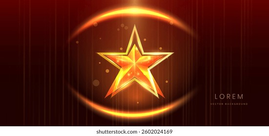 Abstract elegant gold glowing star with lighting effect sparkle on red background. Template premium award design. Vector illustration