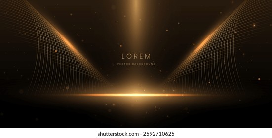 Abstract elegant gold glowing wave line with lighting effect sparkle on black background. Template premium award design. Vector illustration